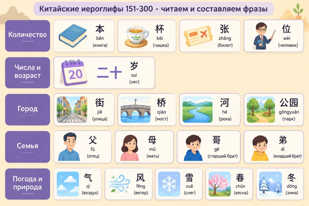 Новые иероглифы по темам: от счётных слов до города, семьи и погоды Учебная схема: новые иероглифы курса по темам - количество 本, 杯, 张, 位, возраст 岁, город 街, 桥, 河, 公园, семья 父, 母, 哥, 弟, погода 气, 风, 雪, 春, 冬.